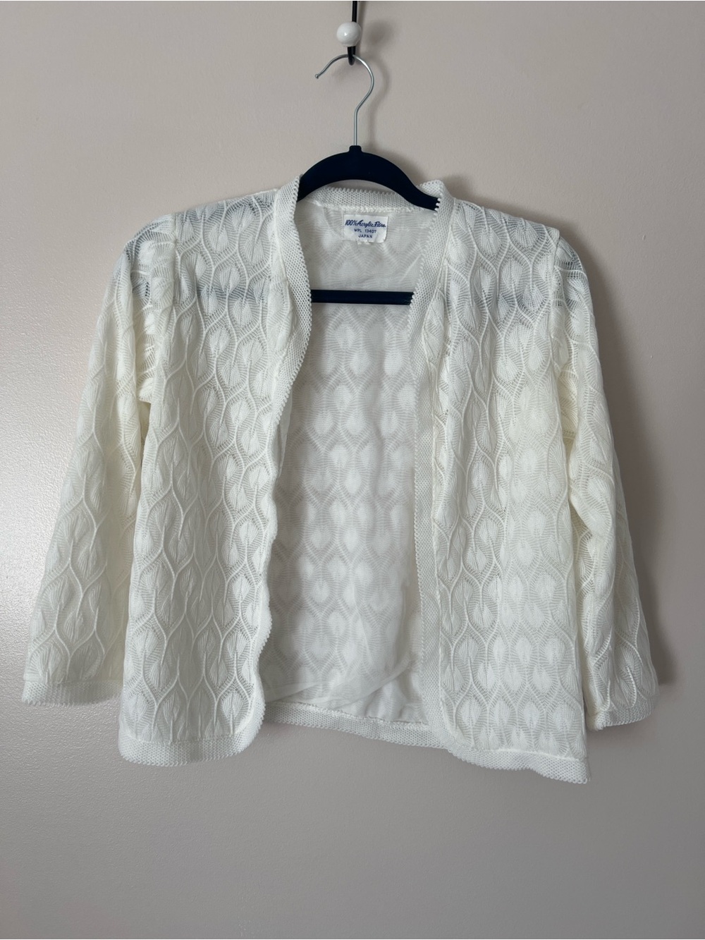 Vintage ivory Lace Knit Open Front Cardigan Shrug Made in Japan Textured Acrylic